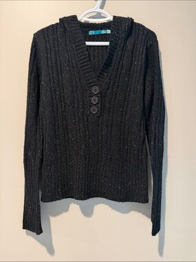 Kismet Black V-Neck Cable Knit Sweater with Button Placket